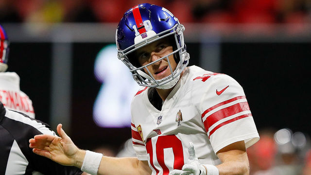 ATLANTA, GA - OCTOBER 22: Eli Manning #10 of the New York Giants reacts after being sacked by the Atlanta Falcons at Mercedes-Benz Stadium on October 22, 2018 in Atlanta, Georgia.