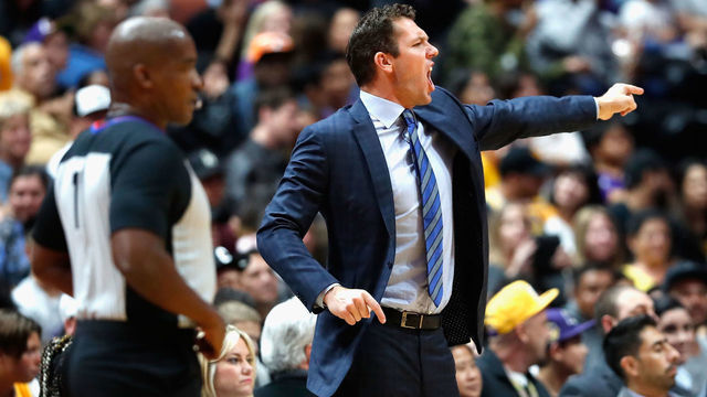 ANAHEIM, CA - OCTOBER 06: Head coach Luke Walton of the Los Angeles Lakers calls a play during the second half of a NBA preseason game against the LA Clippers at Honda Center on October 6, 2018 in Anaheim, California.