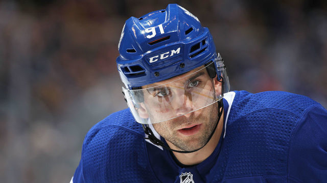 TORONTO, ON - OCTOBER 18: John Tavares #91 of the Toronto Maple Leafs gets set for a faceoff against the Pittsburgh Penguins during an NHL game at Scotiabank Arena on October 18, 2018 in Toronto, Ontario, Canada. The Penguins defeated the Maple Leafs 3-0.