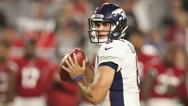 GLENDALE, AZ - AUGUST 30: Quarterback Chad Kelly #6 of the Denver Broncos drops back to pass during the preseason NFL game against the Arizona Cardinals at University of Phoenix Stadium on August 30, 2018 in Glendale, Arizona.
