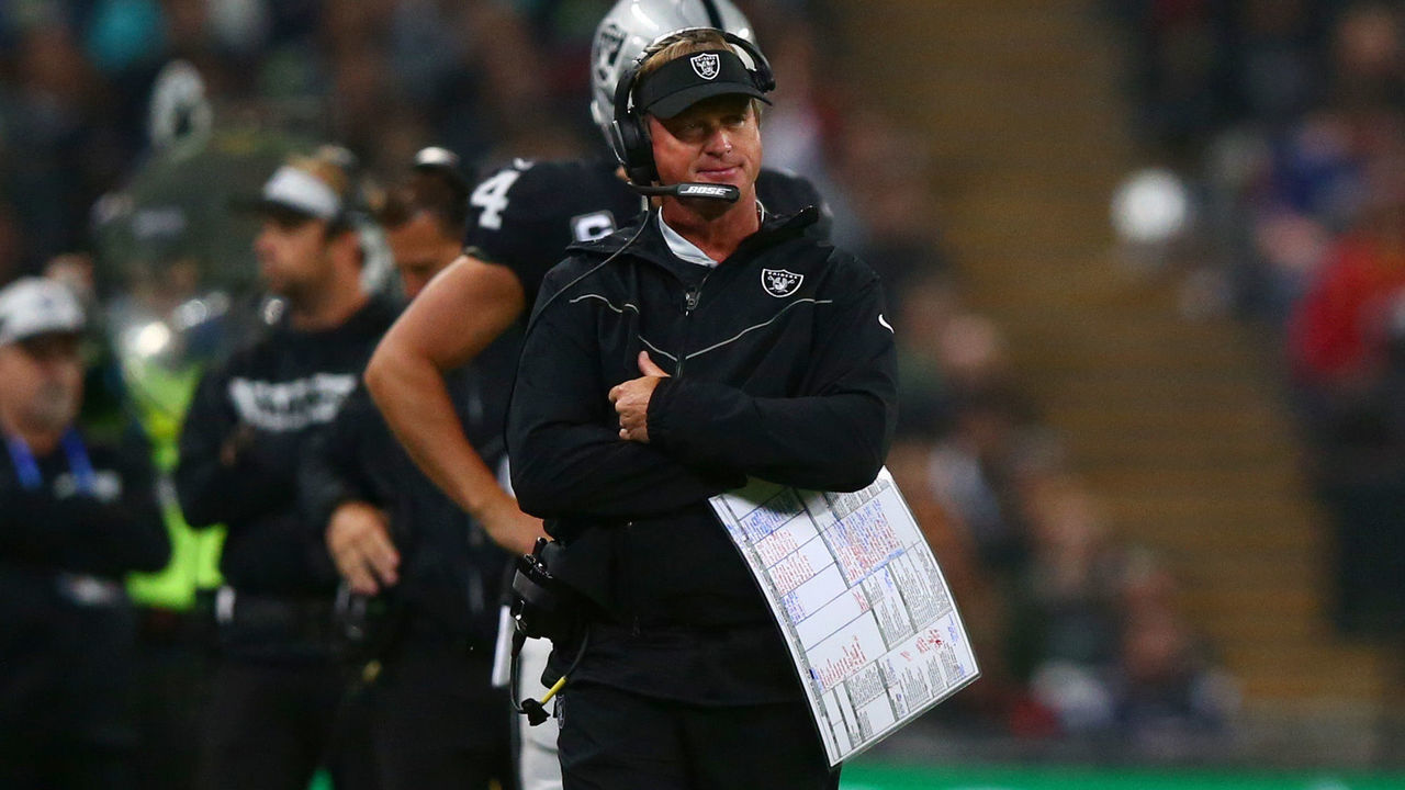 LONDON, ENGLAND - OCTOBER 14: OaJon Grudenkland Raiders head coach Jon Gruden looks on from the sideline during the NFL International Series game between Seattle Seahawks and Oakland Raiders at Wembley Stadium on October 14, 2018 in London, England.