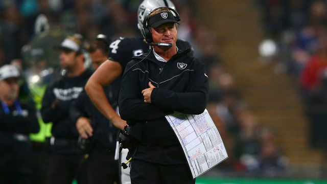 LONDON, ENGLAND - OCTOBER 14: OaJon Grudenkland Raiders head coach Jon Gruden looks on from the sideline during the NFL International Series game between Seattle Seahawks and Oakland Raiders at Wembley Stadium on October 14, 2018 in London, England.