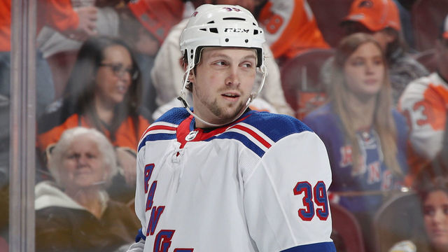 PHILADELPHIA, PA - APRIL 07: Matt Beleskey #39 of the New York Rangers skates against the Philadelphia Flyers at the Wells Fargo Center on April 7, 2018 in Philadelphia, Pennsylvania. The Flyers shut out the Rangers 5-0.