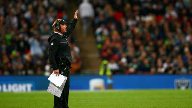LONDON, ENGLAND - OCTOBER 14: OaJon Grudenkland Raiders head coach Jon Gruden issues instructions during the NFL International Series game between Seattle Seahawks and Oakland Raiders at Wembley Stadium on October 14, 2018 in London, England.