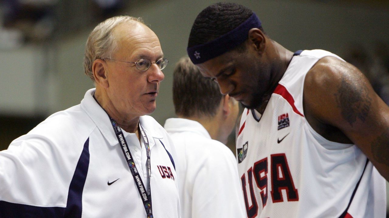 SAPPORO, JAPAN - AUGUST 20: Assistant coach Jim Boeheim talks with LeBron James #6 of the USA Basketball Senior Men's National Team during the game against China on August 20, 2006 at the at the Hokkaido Perfectual Sports Center in Sapporo, Japan. NOTE TO USER: User expressly acknowledges and agrees that, by downloading and/or using this Photograph, user is consenting to the terms and conditions of the Getty Images License Agreement. Mandatory Copyright Notice: Copyright 2006 NBAE
