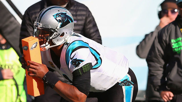 PHILADELPHIA, PA - OCTOBER 21: Quarterback Cam Newton #1 of the Carolina Panthers reacts kissing the plyon after after tripping over it while taunting the fans during the fourth quarter against the Philadelphia Eagles at Lincoln Financial Field on October 21, 2018 in Philadelphia, Pennsylvania. The Panthers won 21-17.