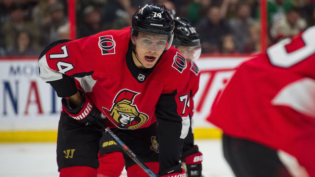 OTTAWA, ON - OCTOBER 15: Ottawa Senators Defenceman Mark Borowiecki (74) looks on during the third period of the NHL game between the Ottawa Senators and the Dallas Stars on October 15, 2018 at the Canadian Tire Centre in Ottawa, Ontario, Canada.
