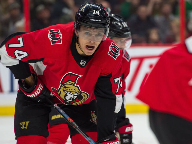 OTTAWA, ON - OCTOBER 15: Ottawa Senators Defenceman Mark Borowiecki (74) looks on during the third period of the NHL game between the Ottawa Senators and the Dallas Stars on October 15, 2018 at the Canadian Tire Centre in Ottawa, Ontario, Canada.
