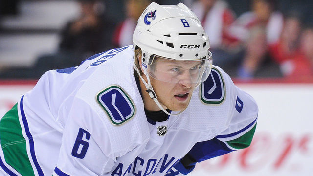 CALGARY, AB - OCTOBER 6: Brock Boeser #6 of the Vancouver Canucks in action against the Calgary Flames during an NHL game at Scotiabank Saddledome on October 6, 2018 in Calgary, Alberta, Canada.