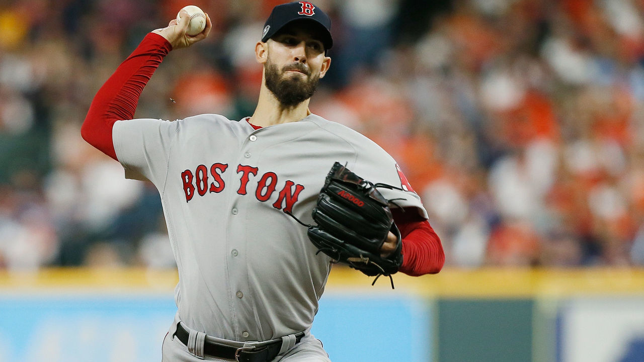HOUSTON, TX - OCTOBER 17: Rick Porcello #22 of the Boston Red Sox pitches in the first inning against the Houston Astros during Game Four of the American League Championship Series at Minute Maid Park on October 17, 2018 in Houston, Texas.