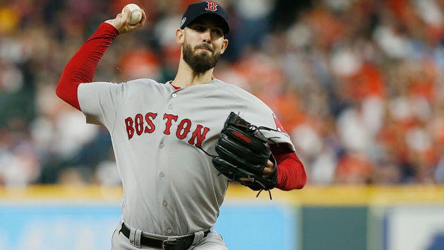 HOUSTON, TX - OCTOBER 17: Rick Porcello #22 of the Boston Red Sox pitches in the first inning against the Houston Astros during Game Four of the American League Championship Series at Minute Maid Park on October 17, 2018 in Houston, Texas.