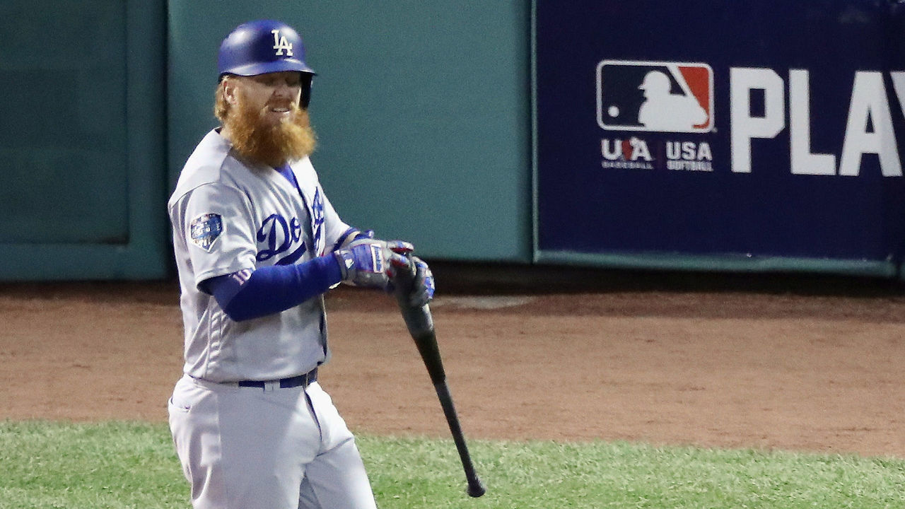 BOSTON, MA - OCTOBER 24: Justin Turner #10 of the Los Angeles Dodgers reacts after his first inning strike out against the Boston Red Sox in Game Two of the 2018 World Series at Fenway Park on October 24, 2018 in Boston, Massachusetts.