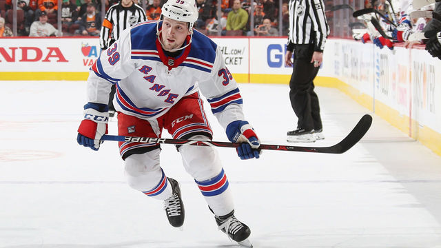 PHILADELPHIA, PA - APRIL 07: Matt Beleskey #39 of the New York Rangers skates against the Philadelphia Flyers at the Wells Fargo Center on April 7, 2018 in Philadelphia, Pennsylvania. The Flyers shut out the Rangers 5-0.