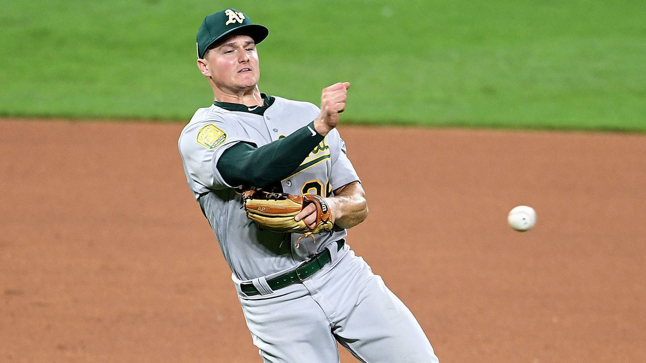 BALTIMORE, MD - SEPTEMBER 11: Matt Chapman #26 of the Oakland Athletics throws out Renato Nunez #39 (not pictured) of the Baltimore Orioles in the seventh inning at Oriole Park at Camden Yards on September 11, 2018 in Baltimore, Maryland.