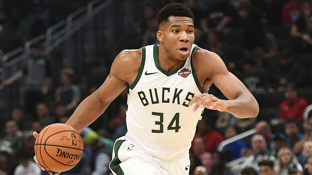MILWAUKEE, WI - OCTOBER 22: Giannis Antetokounmpo #34 of the Milwaukee Bucks handles the ball during a game against the New York Knicks at the Fiserv Forum on October 22, 2018 in Milwaukee, Wisconsin.