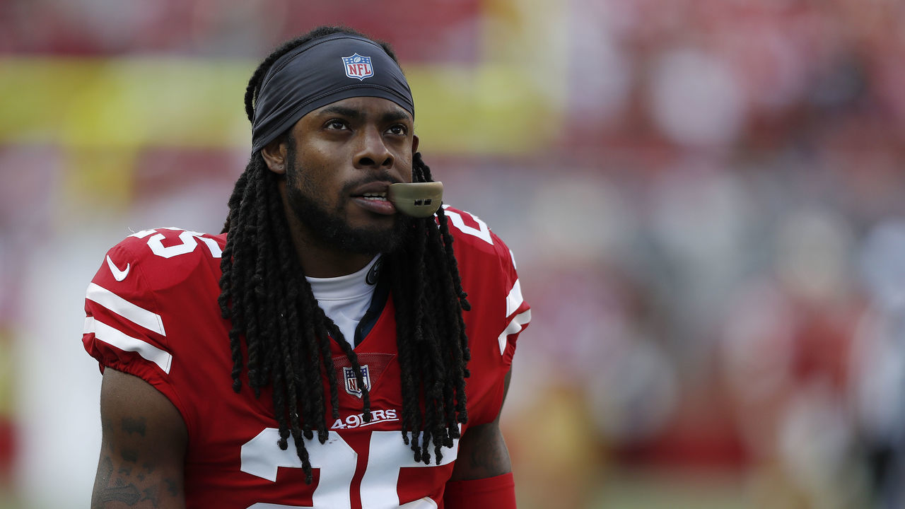 SANTA CLARA, CA - OCTOBER 07: Richard Sherman #25 of the San Francisco 49ers looks on during their NFL game against the Arizona Cardinals at Levi's Stadium on October 7, 2018 in Santa Clara, California.
