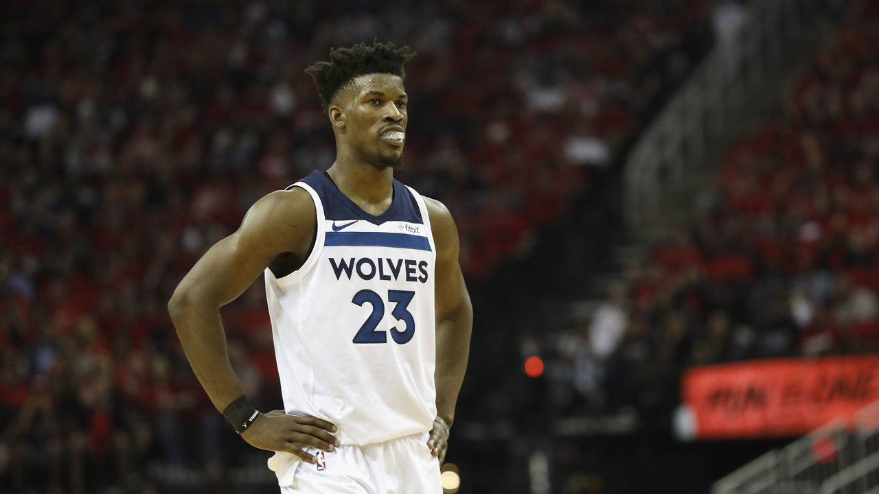 HOUSTON, TX - APRIL 25: Jimmy Butler #23 of the Minnesota Timberwolves reacts in the second half during Game Five of the first round of the 2018 NBA Playoffs against the Houston Rockets at Toyota Center on April 25, 2018 in Houston, Texas.