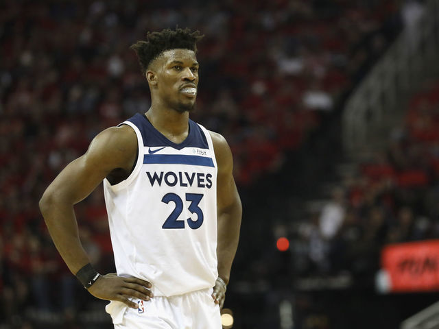 HOUSTON, TX - APRIL 25: Jimmy Butler #23 of the Minnesota Timberwolves reacts in the second half during Game Five of the first round of the 2018 NBA Playoffs against the Houston Rockets at Toyota Center on April 25, 2018 in Houston, Texas.