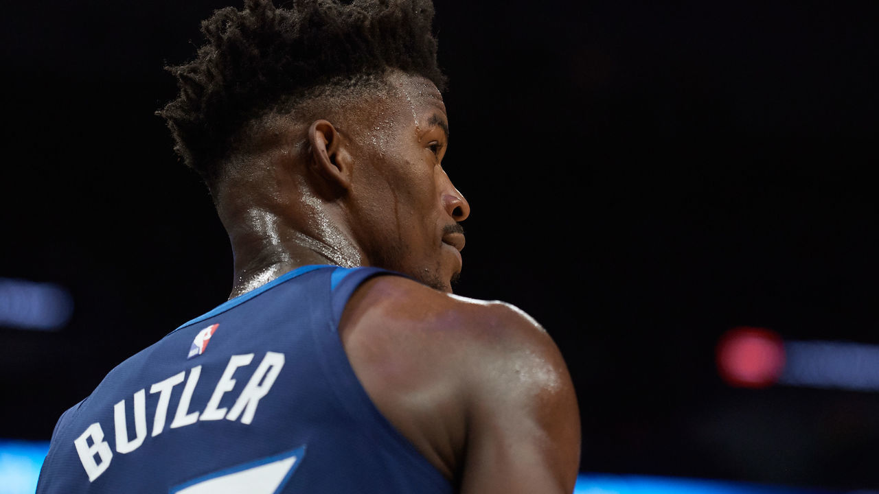 MINNEAPOLIS, MN - OCTOBER 19: Jimmy Butler #23 of the Minnesota Timberwolves looks on during the game against the Cleveland Cavaliers on October 19, 2018 at the Target Center in Minneapolis, Minnesota. The Timberwolves defeated the Cavaliers 131-123.