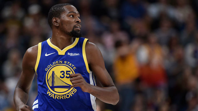 SALT LAKE CITY, UT - OCTOBER 19: Kevin Durant #35 of the Golden State Warriors runs up court against the Utah Jazz in a NBA game at Vivint Smart Home Arena on October 19, 2018 in Salt Lake City, Utah.