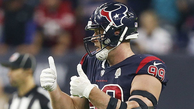 HOUSTON, TX - OCTOBER 25: J.J. Watt #99 of the Houston Texans celebrates a sack of Brock Osweiler #8 of the Miami Dolphins in the first quarter at NRG Stadium on October 25, 2018 in Houston, Texas.