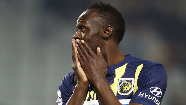 SYDNEY, AUSTRALIA - OCTOBER 12: Usain Bolt of the Mariners reacts after a missed opportunity on goal during the pre-season friendly match between the Central Coast Mariners and Macarthur South West United at Campbelltown Sports Stadium on October 12, 2018 in Sydney, Australia.