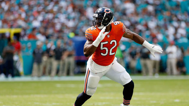 MIAMI, FL - OCTOBER 14: Khalil Mack #52 of the Chicago Bears in action on the field in the second half with a taped ankle against the Miami Dolphins at Hard Rock Stadium on October 14, 2018 in Miami, Florida.