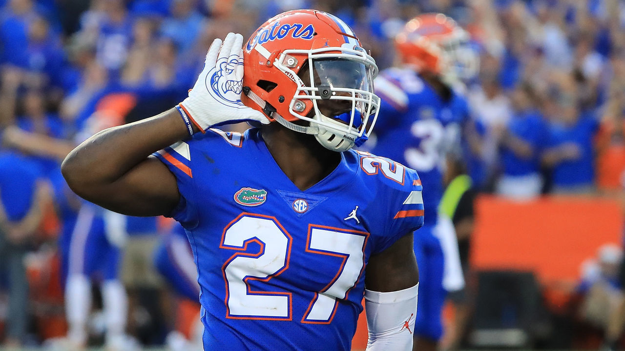 GAINESVILLE, FL - OCTOBER 06: Quincy Lenton #27 of the Florida Gators asks the crowd for noise during the game against the LSU Tigers at Ben Hill Griffin Stadium on October 6, 2018 in Gainesville, Florida.