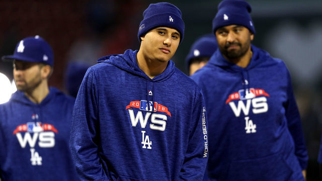 BOSTON, MA - OCTOBER 24: Manny Machado #8 of the Los Angeles Dodgers looks on during batting practice prior to Game Two of the 2018 World Series against the Boston Red Sox at Fenway Park on October 24, 2018 in Boston, Massachusetts.