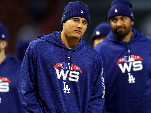 BOSTON, MA - OCTOBER 24: Manny Machado #8 of the Los Angeles Dodgers looks on during batting practice prior to Game Two of the 2018 World Series against the Boston Red Sox at Fenway Park on October 24, 2018 in Boston, Massachusetts.