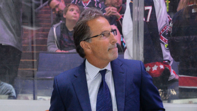 COLUMBUS, OH - OCTOBER 5: Head Coach John Tortorella of the Columbus Blue Jackets and Assistant Coach Brad Larsen of the Columbus Blue Jackets wait for the game to begin against the Carolina Hurricanes on October 5, 2018 at Nationwide Arena in Columbus, Ohio.