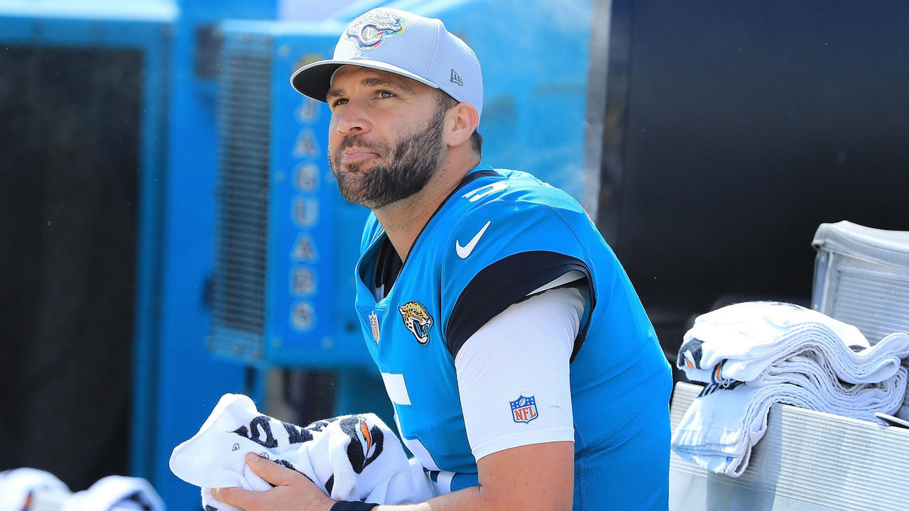 JACKSONVILLE, FL - OCTOBER 21: Blake Bortles #5 of the Jacksonville Jaguars watches the action from the bench during the game against the Houston Texans at TIAA Bank Field on October 21, 2018 in Jacksonville, Florida.