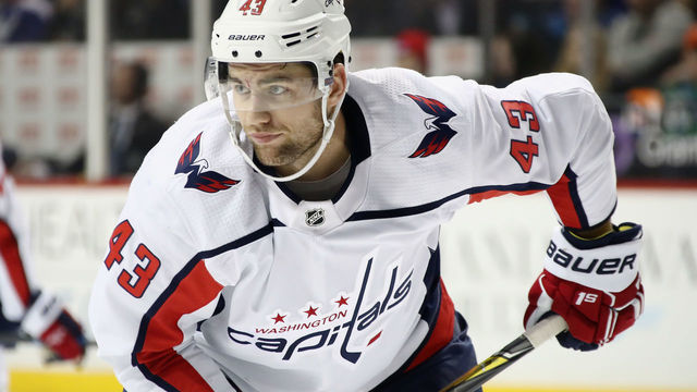 NEW YORK, NY - MARCH 15: Tom Wilson #43 of the Washington Capitals skates against the New York Islanders at the Barclay Center in the Brooklyn borough of New York City. The Capitals defeated the Islanders 7-3.