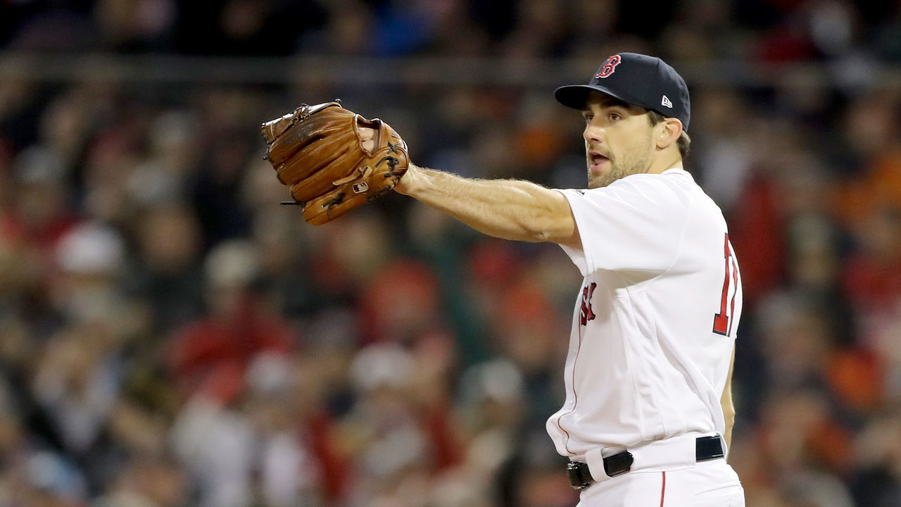 BOSTON, MA - OCTOBER 23: Nathan Eovaldi #17 of the Boston Red Sox reacts during the eighth inning against the Los Angeles Dodgers in Game One of the 2018 World Series at Fenway Park on October 23, 2018 in Boston, Massachusetts. The Red Sox defeated the Los Angeles Dodgers 8-4.