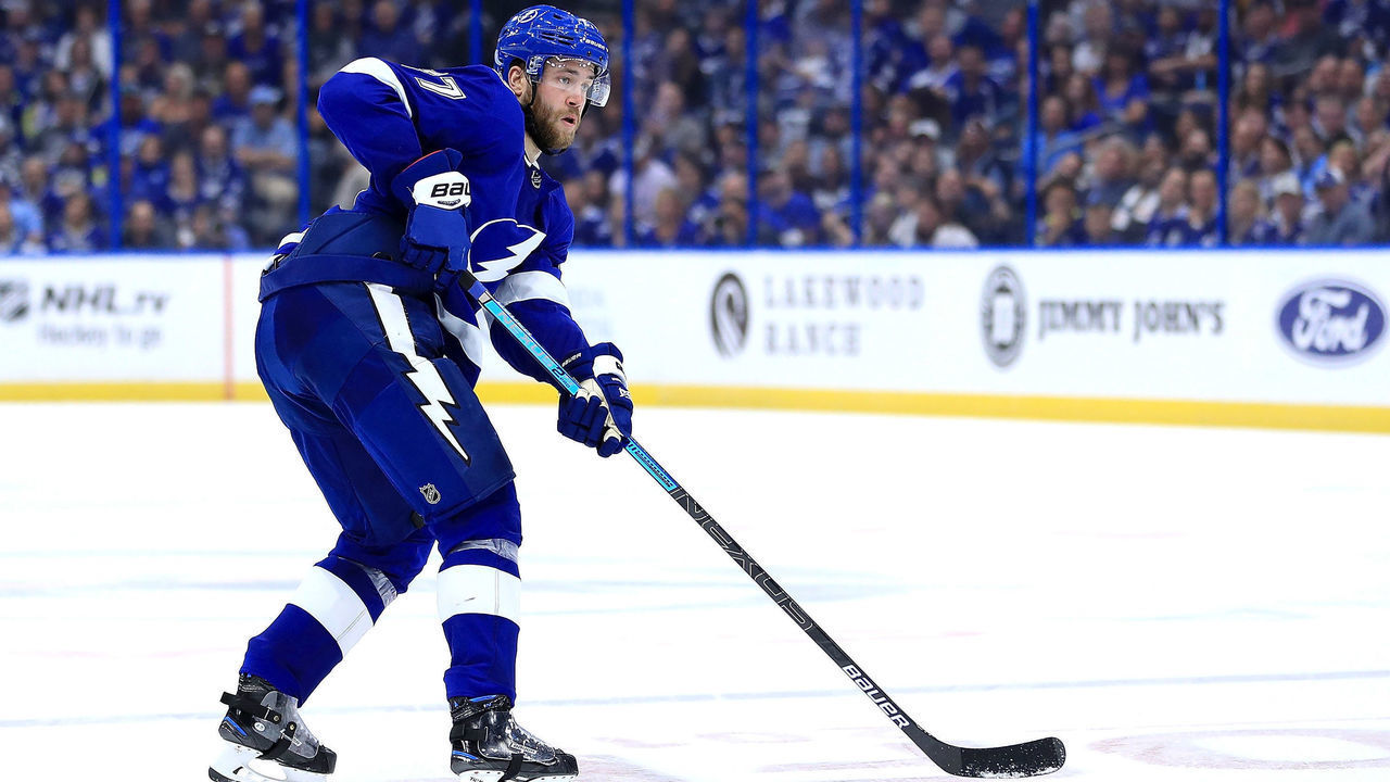 TAMPA, FL - OCTOBER 06: Victor Hedman #77 of the Tampa Bay Lightning looks to pass during Opening Night against the Florida Panthers at Amalie Arena on October 6, 2018 in Tampa, Florida.