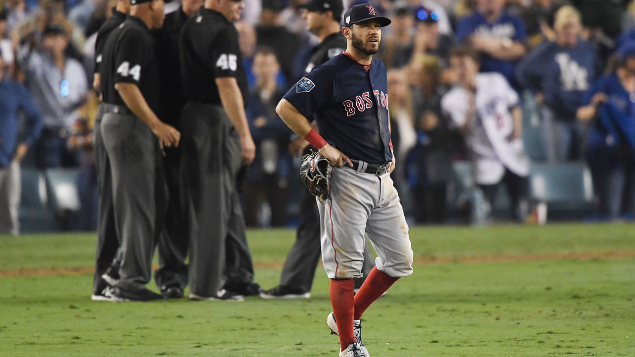 LOS ANGELES, CA - OCTOBER 26: Ian Kinsler #5 of the Boston Red Sox reacts during the thirteenth inning against the Los Angeles Dodgers in Game Three of the 2018 World Series at Dodger Stadium on October 26, 2018 in Los Angeles, California.