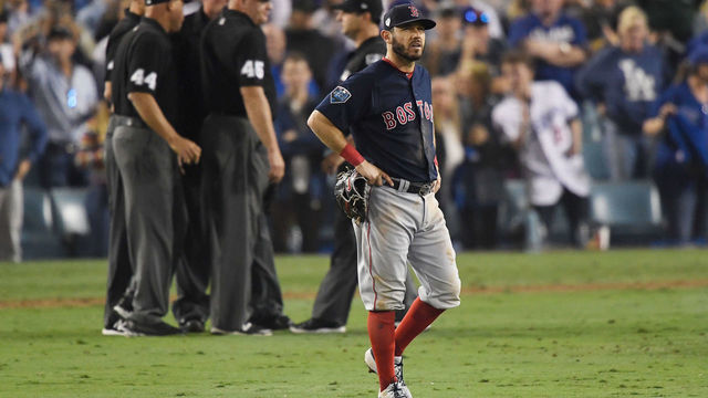 LOS ANGELES, CA - OCTOBER 26: Ian Kinsler #5 of the Boston Red Sox reacts during the thirteenth inning against the Los Angeles Dodgers in Game Three of the 2018 World Series at Dodger Stadium on October 26, 2018 in Los Angeles, California.