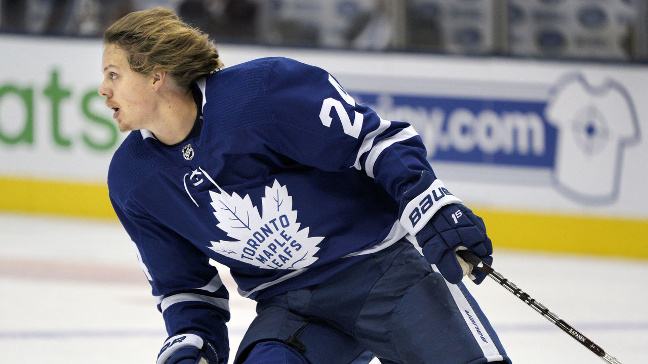 TORONTO, ON - OCTOBER 20: Toronto Maple Leafs Right Wing Kasperi Kapanen (24) skates towards the play after losing his helmet during the regular season NHL game between the St. Louis Blues and Toronto Maple Leafs on October 20, 2018 at Scotiabank Arena in Toronto, ON.