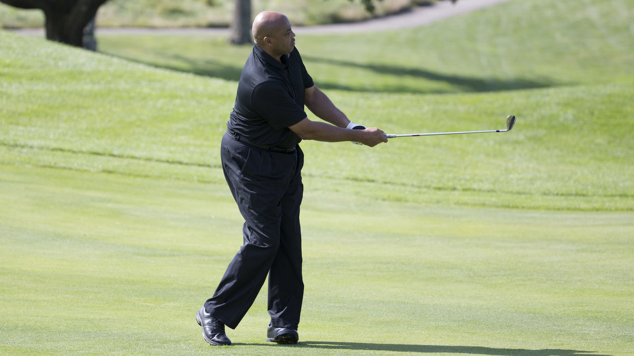 LAFAYETTE HILL, PA - SEPTEMBER 11: NBA Hall of Famer Charles Barkley plays his shot during the Julius Erving Golf Classic at The ACE Club on September 11, 2017 in Lafayette Hill, Pennsylvania.