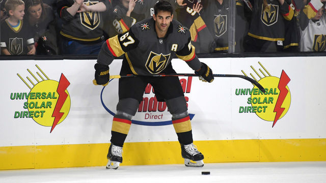 LAS VEGAS, NV - SEPTEMBER 16: Max Pacioretty #67 of the Vegas Golden Knights stands on the ice during warmups before a preseason game against the Arizona Coyotes at T-Mobile Arena on September 16, 2018 in Las Vegas, Nevada. The Golden Knights defeated the Coyotes 7-2.