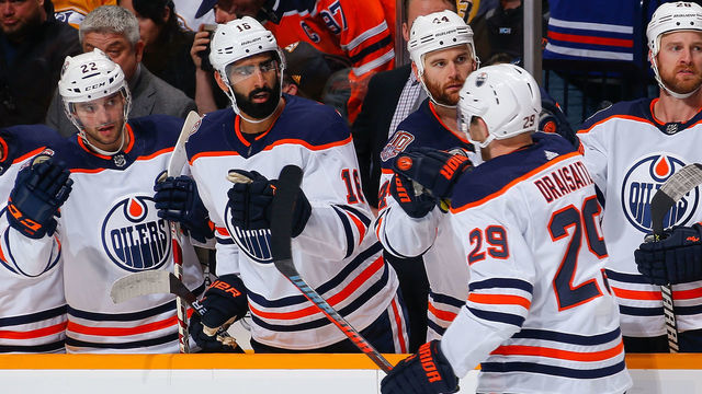 NASHVILLE, TN - OCTOBER 27: Leon Draisaitl #29 of the Edmonton Oilers is congratulated by teammates Zack Kassian #44, Jujhar Khaira #16, and Tobias Rieder #22 after scoring a goal against the Nashville Predators during the second period at Bridgestone Arena on October 27, 2018 in Nashville, Tennessee.