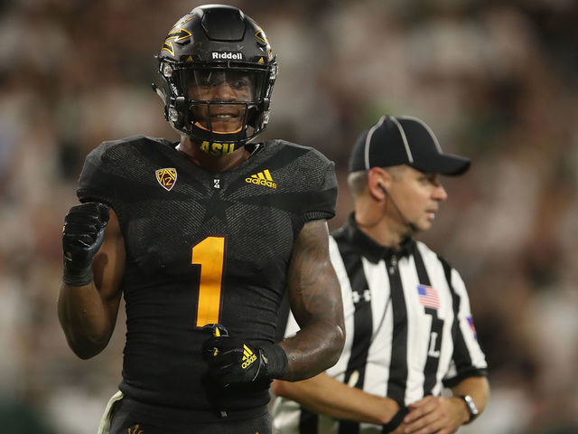 TEMPE, AZ - SEPTEMBER 08: Wide receiver N'Keal Harry #1 of the Arizona State Sun Devils reacts during the final moments of the college football game against the Michigan State Spartans at Sun Devil Stadium on September 8, 2018 in Tempe, Arizona. The Sun Devils defeated the Spartans 16-13.