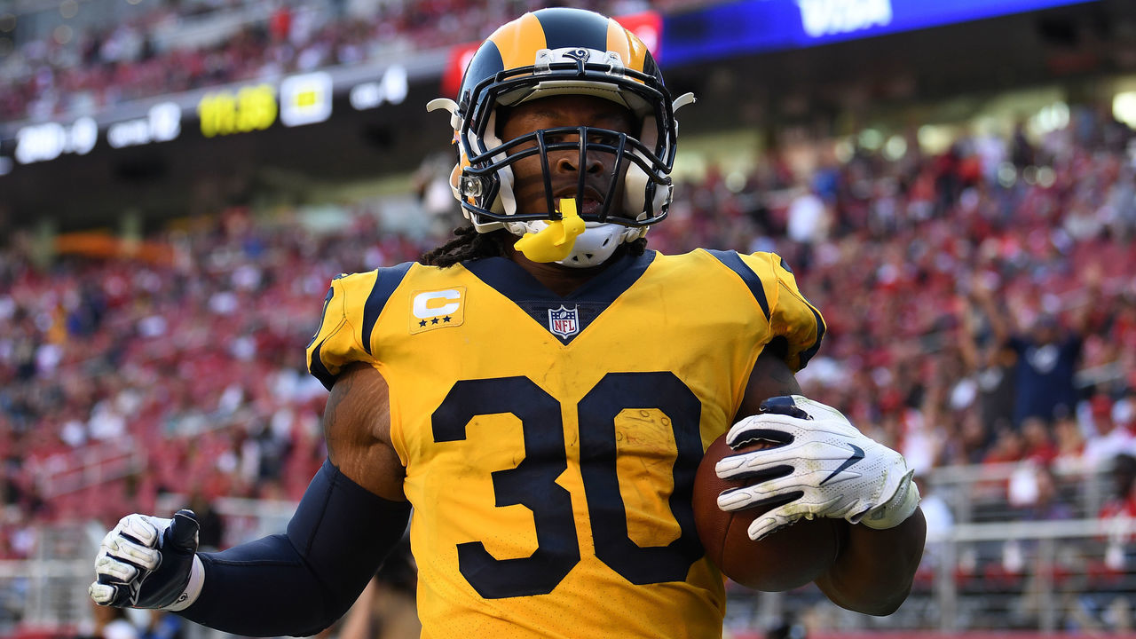 SANTA CLARA, CA - OCTOBER 21: Todd Gurley #30 of the Los Angeles Rams scores a touchdown against the San Francisco 49ers during their NFL game at Levi's Stadium on October 21, 2018 in Santa Clara, California.