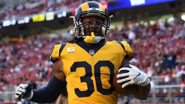 SANTA CLARA, CA - OCTOBER 21: Todd Gurley #30 of the Los Angeles Rams scores a touchdown against the San Francisco 49ers during their NFL game at Levi's Stadium on October 21, 2018 in Santa Clara, California.