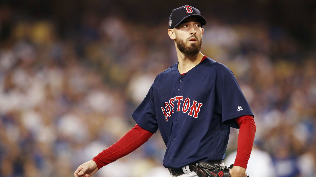 LOS ANGELES, CA - OCTOBER 26: Rick Porcello #22 of the Boston Red Sox is removed from the game during the fifth inning against the Los Angeles Dodgers in Game Three of the 2018 World Series at Dodger Stadium on October 26, 2018 in Los Angeles, California.