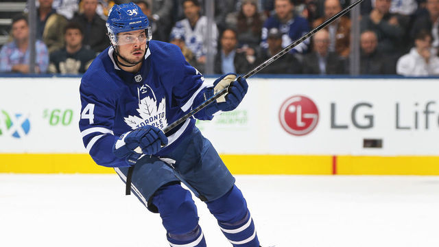TORONTO, ON - OCTOBER 18: Auston Matthews #34 of the Toronto Maple Leafs skates against the Pittsburgh Penguins during an NHL game at Scotiabank Arena on October 18, 2018 in Toronto, Ontario, Canada. The Penguins defeated the Maple Leafs 3-0.