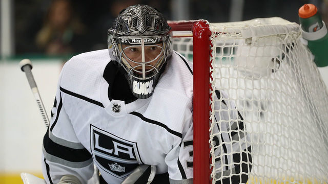 DALLAS, TX - OCTOBER 23: Jonathan Quick #32 of the Los Angeles Kings in goal against the Dallas Stars in the first period at American Airlines Center on October 23, 2018 in Dallas, Texas.