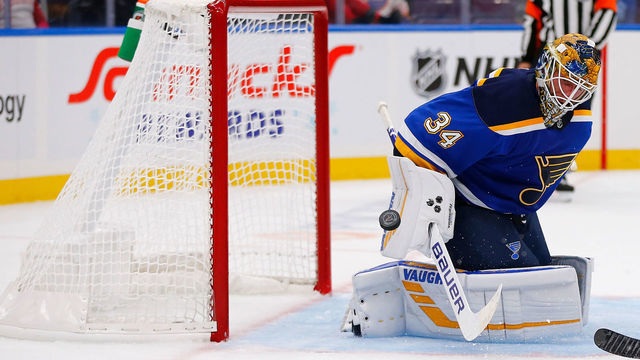 ST. LOUIS, MO - OCTOBER 4: Jake Allen #34 of the St. Louis Blues makes a save against the Winnipeg Jets at the Enterprise Center on October 4, 2018 in St. Louis, Missouri.