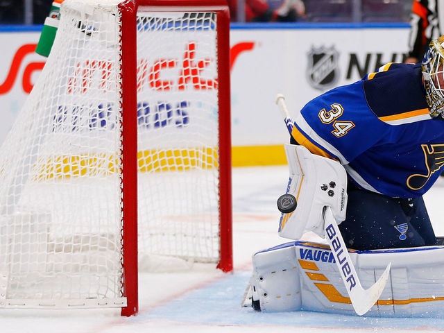 ST. LOUIS, MO - OCTOBER 4: Jake Allen #34 of the St. Louis Blues makes a save against the Winnipeg Jets at the Enterprise Center on October 4, 2018 in St. Louis, Missouri.