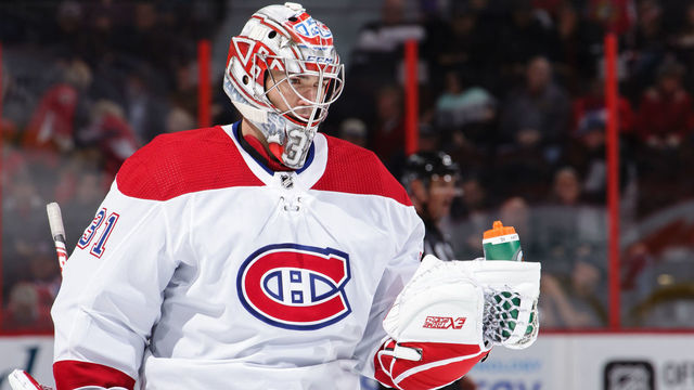 OTTAWA, ON - OCTOBER 20: Carey Price #31 of the Montreal Canadiens skates with his water bottle in a game against the Ottawa Senators at Canadian Tire Centre on October 20, 2018 in Ottawa, Ontario, Canada.